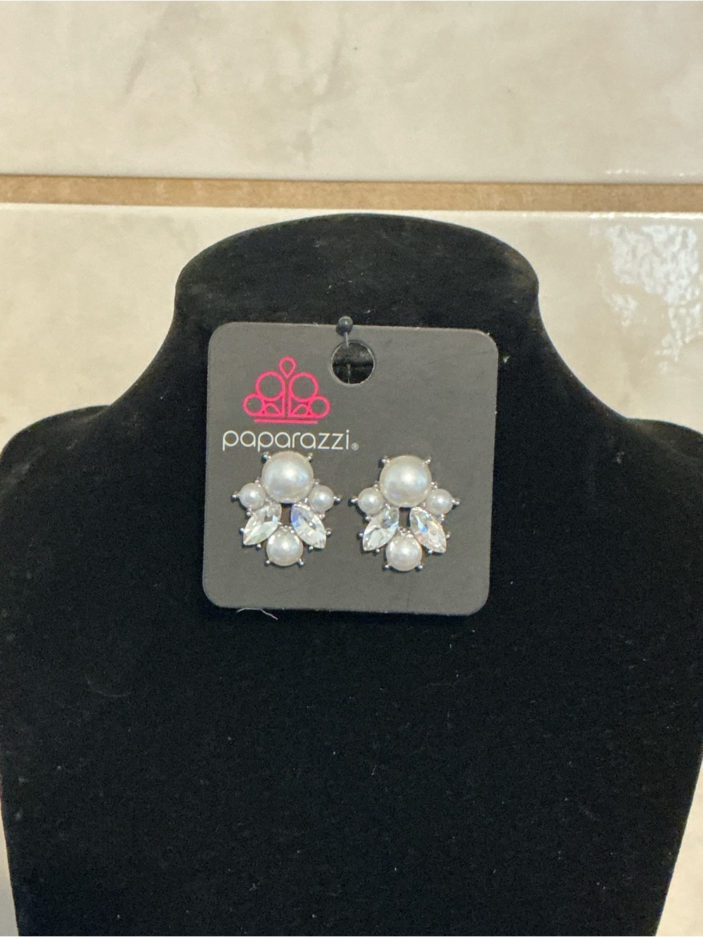 paparazzi White Pearl and Crystal Cluster Stud Earrings
